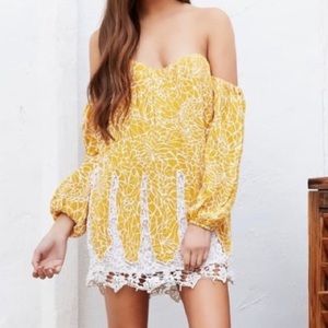 Lovers and Friends Fairy Off Shoulder Crochet Mosaic Mustard Mini Dress